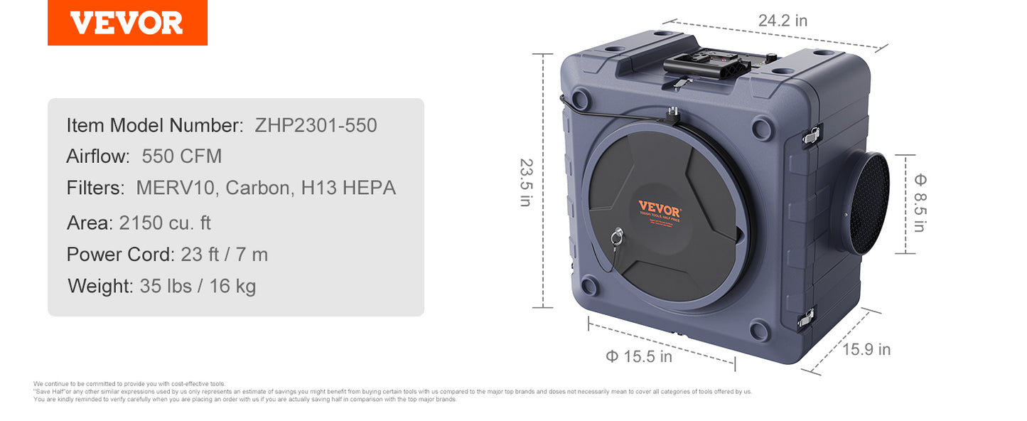 VEVOR Air Scrubber with 3-Stage Filtration, Stackable Negative Air Machine 550 CFM